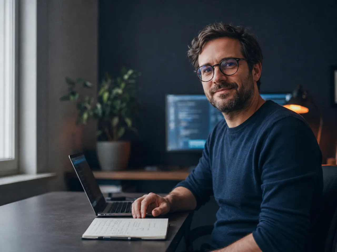 Programista przy biurku, obok laptop i notatnik z odręcznymi notatkami